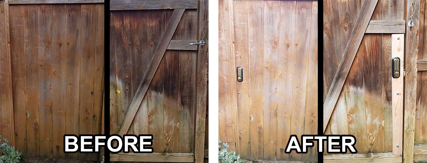 before and after images of an outdoor gate that we installed a coded lock on.